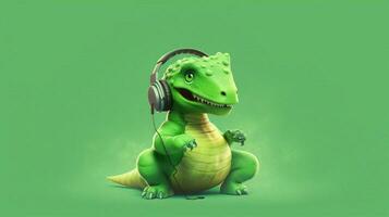 uma verde dinossauro com fones de ouvido e uma verde camisa foto