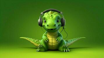 uma verde dinossauro com fones de ouvido e uma verde camisa foto