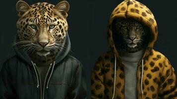 uma leopardo com uma moletom com capuz e uma moletom com capuz foto