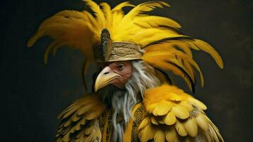 uma homem dentro uma pássaro traje com uma amarelo emplumado h foto