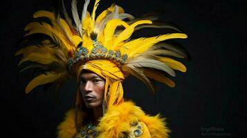 uma homem dentro uma pássaro traje com uma amarelo emplumado h foto