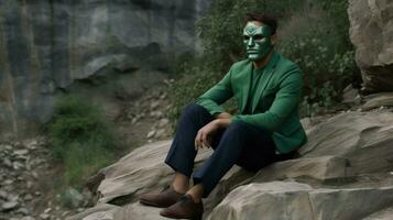 uma homem dentro uma verde camisa com uma mascarar em dele face si foto