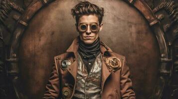 uma homem dentro uma steampunk estilo Jaqueta e óculos sagacidade foto