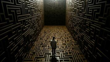 uma homem carrinhos dentro uma Sombrio quarto com uma ampla Labirinto em foto