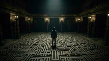 uma homem carrinhos dentro uma Sombrio quarto com uma Labirinto em a fl foto