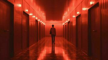uma homem caminhando baixa uma Sombrio corredor com uma vermelho luz foto