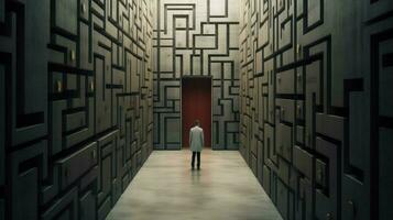 uma homem anda em através uma Labirinto com a porta aberto foto