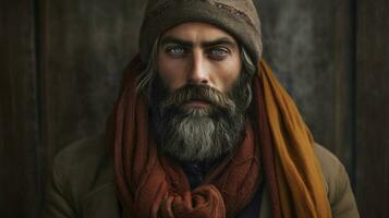 uma homem com uma barba e uma cachecol foto