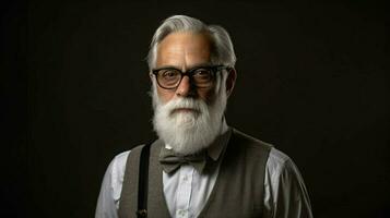 uma homem com uma cinzento barba e óculos é mostrando foto