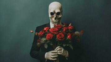 uma homem com uma crânio mascarar segurando rosas foto