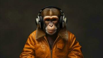 uma macaco vestindo uma Jaqueta e fones de ouvido foto