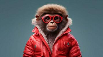 uma macaco dentro uma vermelho Jaqueta com uma vermelho moletom com capuz foto