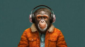 uma macaco com uma Jaqueta e fones de ouvido é vestindo foto