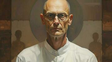 uma pintura do uma homem com óculos e uma branco camisa foto