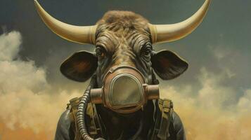 uma pintura do uma touro com uma gás mascarar em isto foto