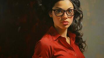 uma pintura do uma mulher com óculos e uma vermelho camisa foto