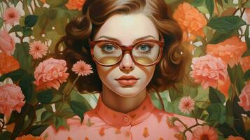 uma pintura do uma mulher com óculos e flores foto