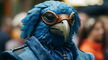 uma pessoa vestido Como uma pássaro com uma azul mascarar em foto