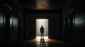 uma pessoa é em pé dentro uma Sombrio corredor foto