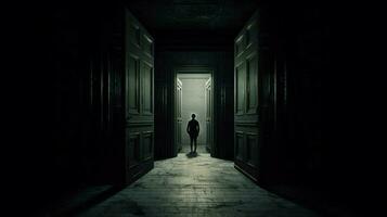 uma pessoa é em pé dentro uma Sombrio corredor foto