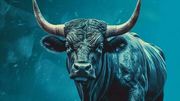 uma poster do uma touro com uma azul fundo foto