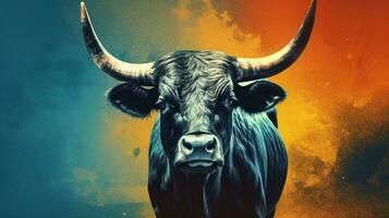 uma poster do uma touro com uma azul fundo foto
