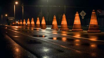 uma linha do tráfego cones dentro a meio do uma Sombrio foto