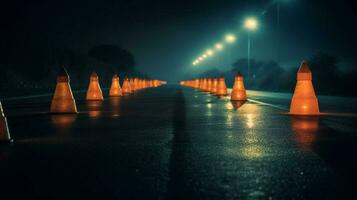 uma linha do tráfego cones em uma deserta estrada foto