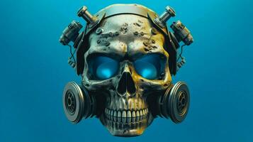 uma crânio com uma gás mascarar e uma azul fundo foto