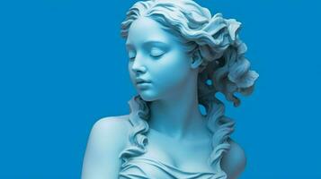 uma estátua do uma menina com uma azul fundo foto