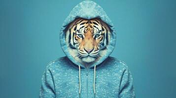 uma tigre dentro uma moletom com capuz com uma azul moletom com capuz foto