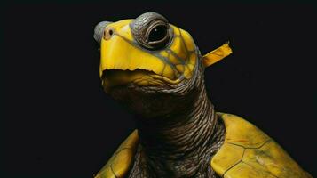 uma tartaruga com uma amarelo mascarar em dele face foto