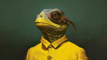 uma tartaruga com uma amarelo mascarar em dele face foto