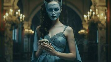 uma mulher dentro uma azul vestir com uma crânio mascarar em dela foto