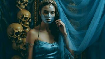 uma mulher dentro uma azul vestir com uma crânio mascarar em dela foto