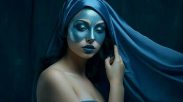 uma mulher dentro uma azul mascarar é posando dentro uma foto