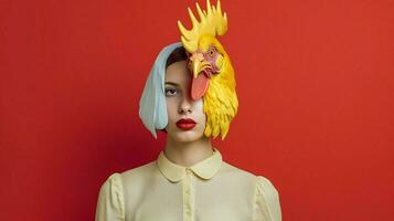 uma mulher vestindo uma frango mascarar e uma pássaro em dela foto
