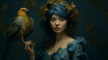 uma mulher com uma azul vestir e uma ouro pássaro em dela foto