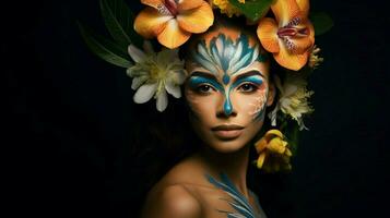 uma mulher com uma face pintado com uma flor em isto foto