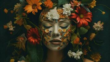 uma mulher com uma mascarar em dela face e flores em º foto