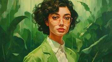 uma mulher com óculos dentro frente do uma verde fundo foto