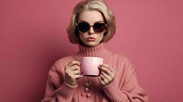 uma mulher com oculos de sol e uma Rosa copo do café foto