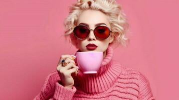 uma mulher com oculos de sol e uma Rosa copo do café foto