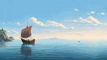 calma mar com viking navio Navegando em a horizonte foto