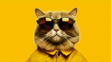 gato vestindo óculos com uma amarelo fundo foto