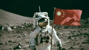 chinês astronauta lua com bandeira foto