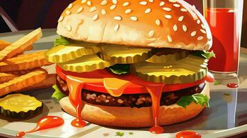 fechar-se do vegetariano hamburguer com picles ketchup foto