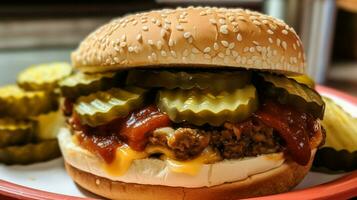 fechar-se do vegetariano hamburguer com picles ketchup foto