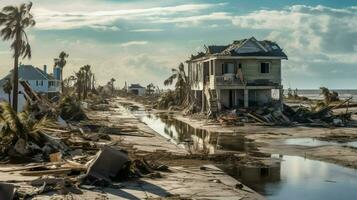 destruição e ruína do devastado casas em terra foto