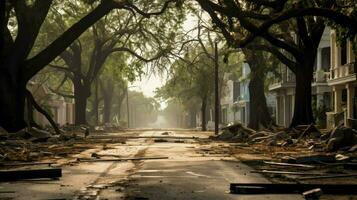 esvaziar e devastado rua com queda árvore foto